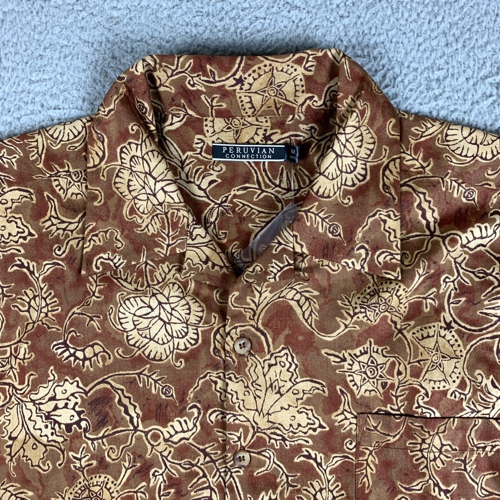Peruvian Connection Shirt Mens M Brown Baja Shirt Pima Cotton Floral Old Money